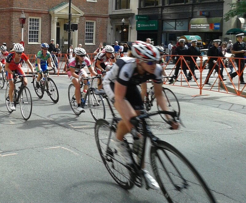 Val racing past the Old State House in Boston
